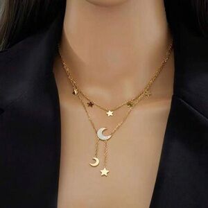 Gold Plated Stainless Steel Moon & Star Lariat Necklace Celestial Jewelry